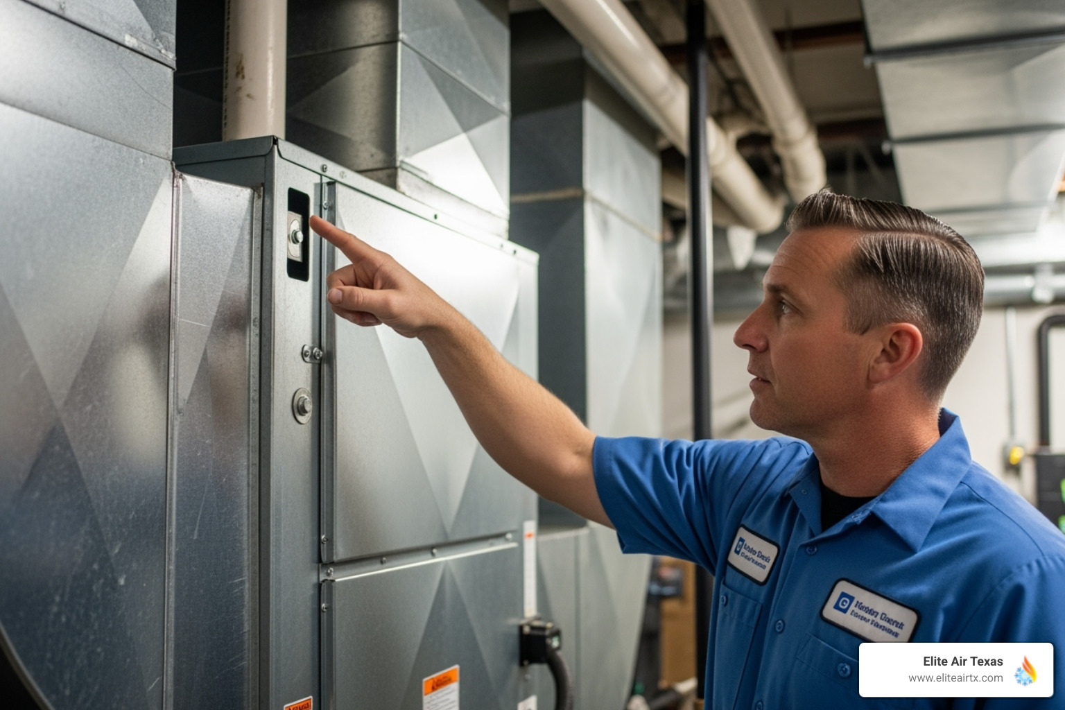Technician pointing to the installation spot on an air handler for a UV light - UV light installation HVAC