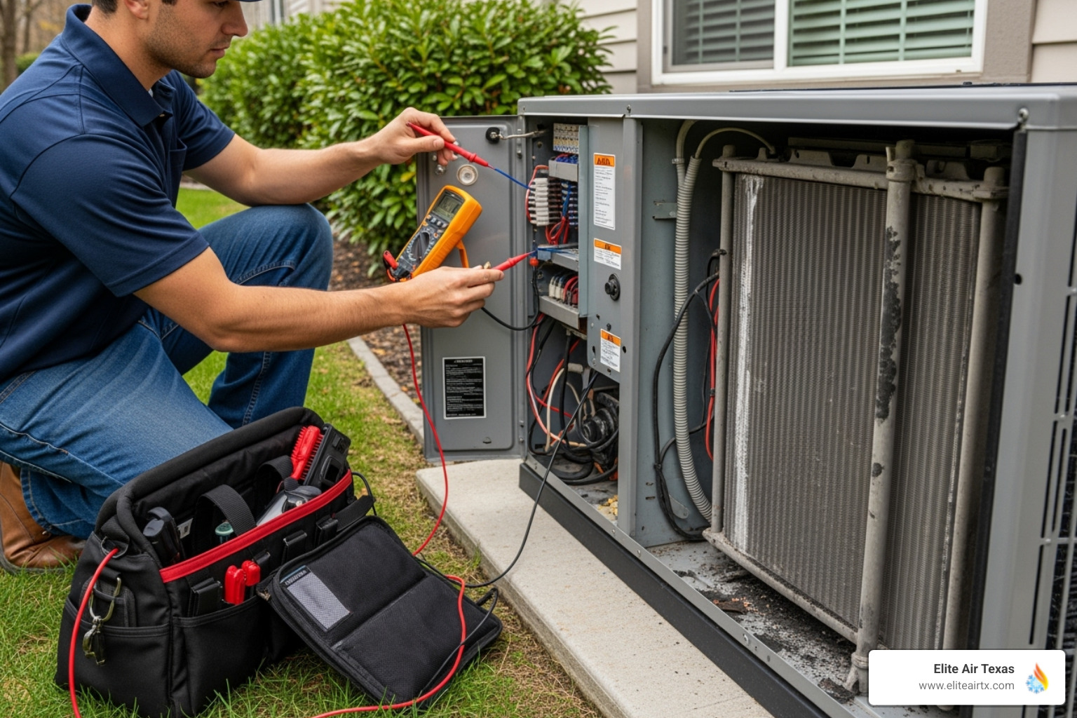 A technician performing routine maintenance on an outdoor AC unit, checking connections and cleaning components. - AC repair Dallas