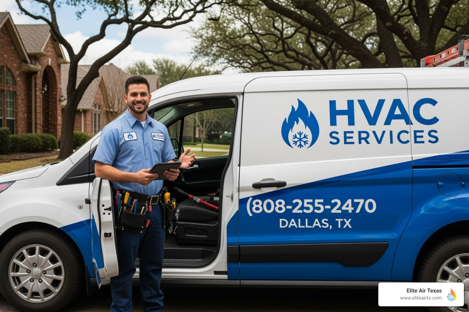 A friendly, professional HVAC technician with a service van, ready to assist with AC repair in Dallas. - AC repair Dallas