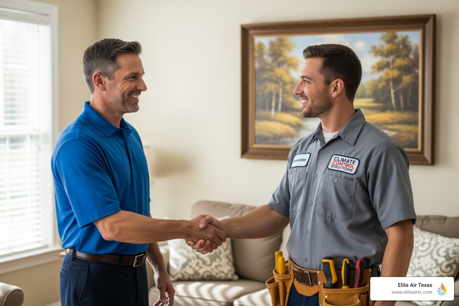 homeowner shaking hands with technician - Professional HVAC service