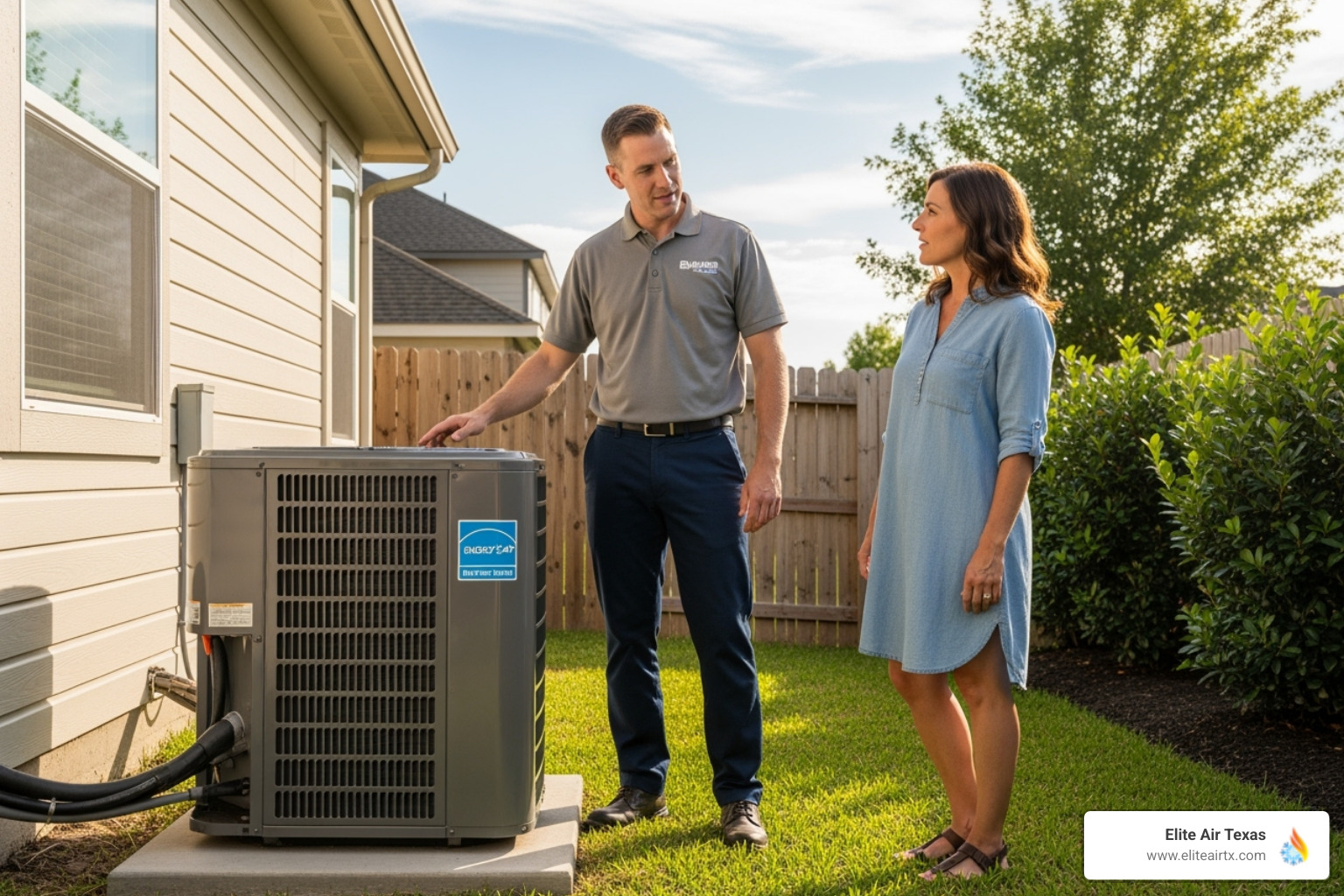technician showing homeowner a new energy-efficient AC unit - air conditioner repair fort worth