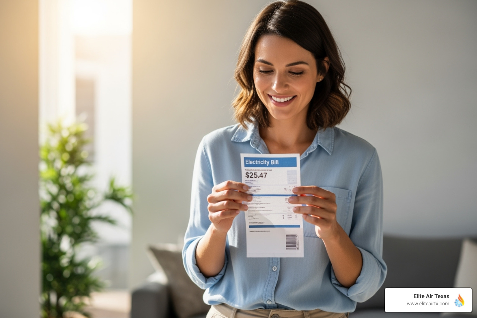 of a homeowner smiling at their low electricity bill - mini split ac dallas of a homeowner smiling at their low electricity bill - mini split ac dallas