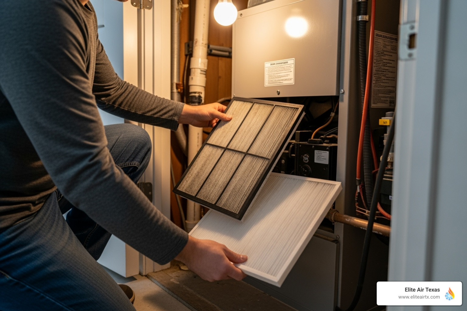 person changing HVAC filter - indoor air quality dallas