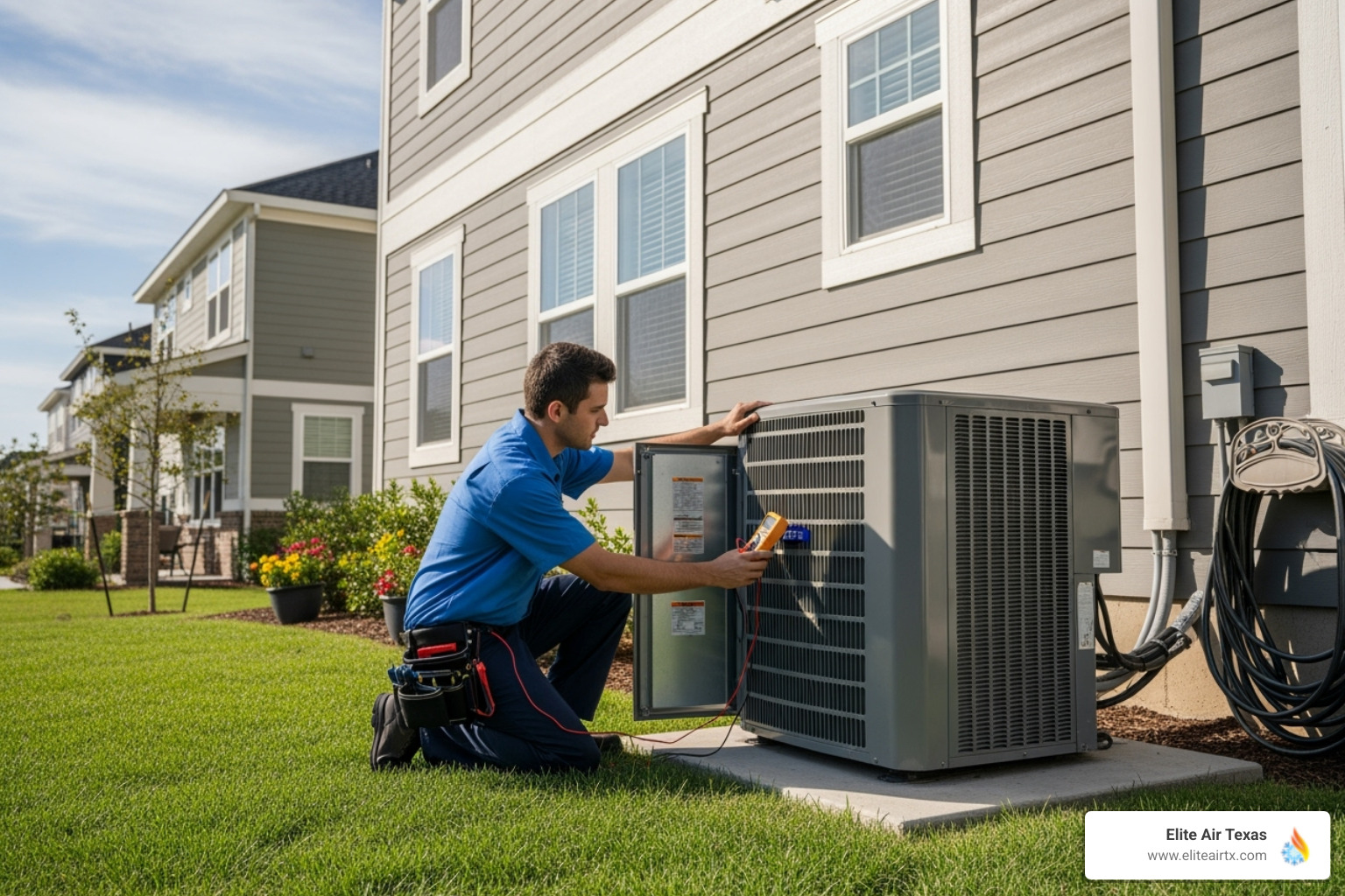 technician inspecting outdoor AC unit - air conditioner service dallas