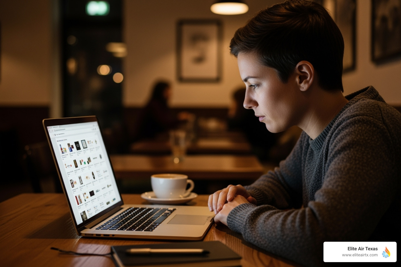 Person reading online reviews on a laptop - AC contractors Dallas