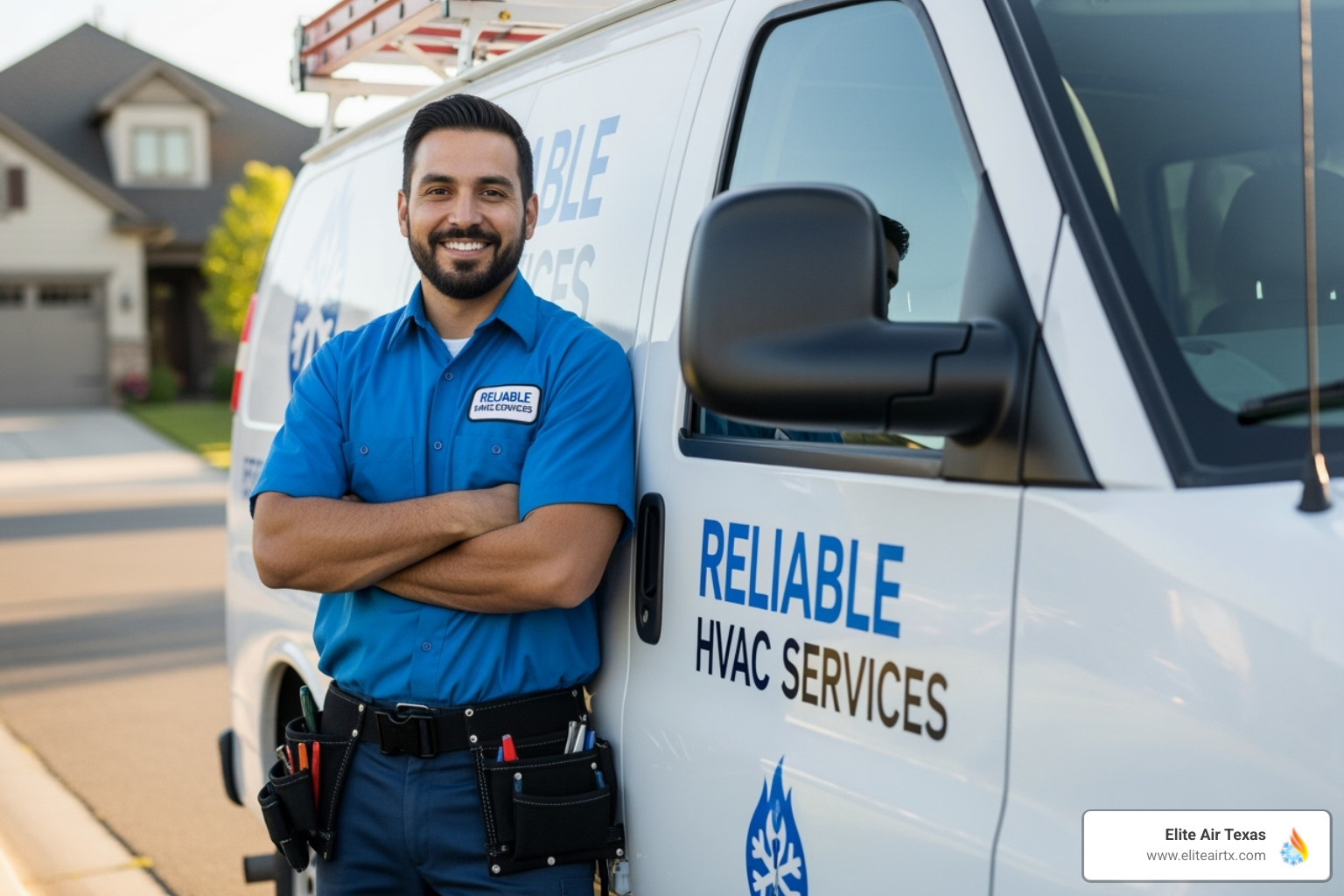 Image of a friendly Elite Air Texas technician smiling next to a service van - 24 hour hvac repair near me Image of a friendly Elite Air Texas technician smiling next to a service van - 24 hour hvac repair near me