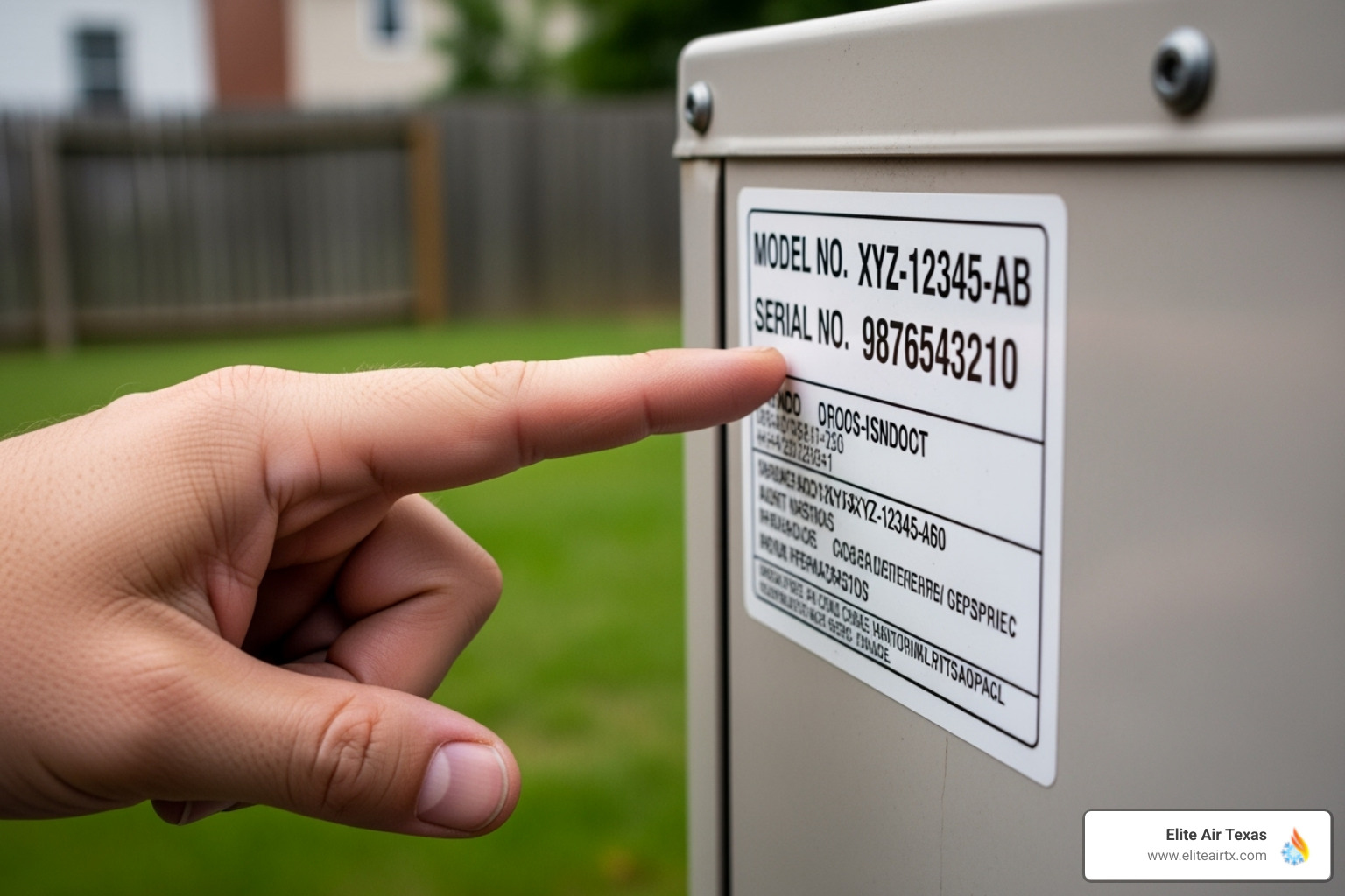 Image of a homeowner pointing to their HVAC unit's model number sticker - 24 hour hvac repair near me Image of a homeowner pointing to their HVAC unit's model number sticker - 24 hour hvac repair near me