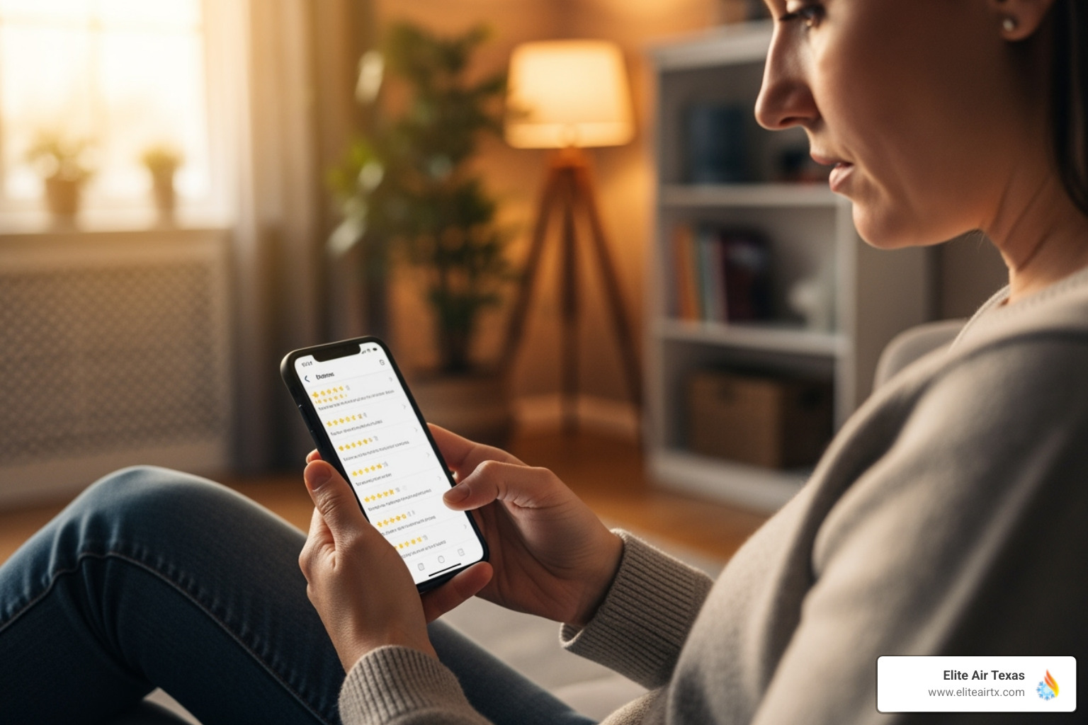 Image of a homeowner checking online reviews on a smartphone - 24 hour hvac repair near me Image of a homeowner checking online reviews on a smartphone - 24 hour hvac repair near me