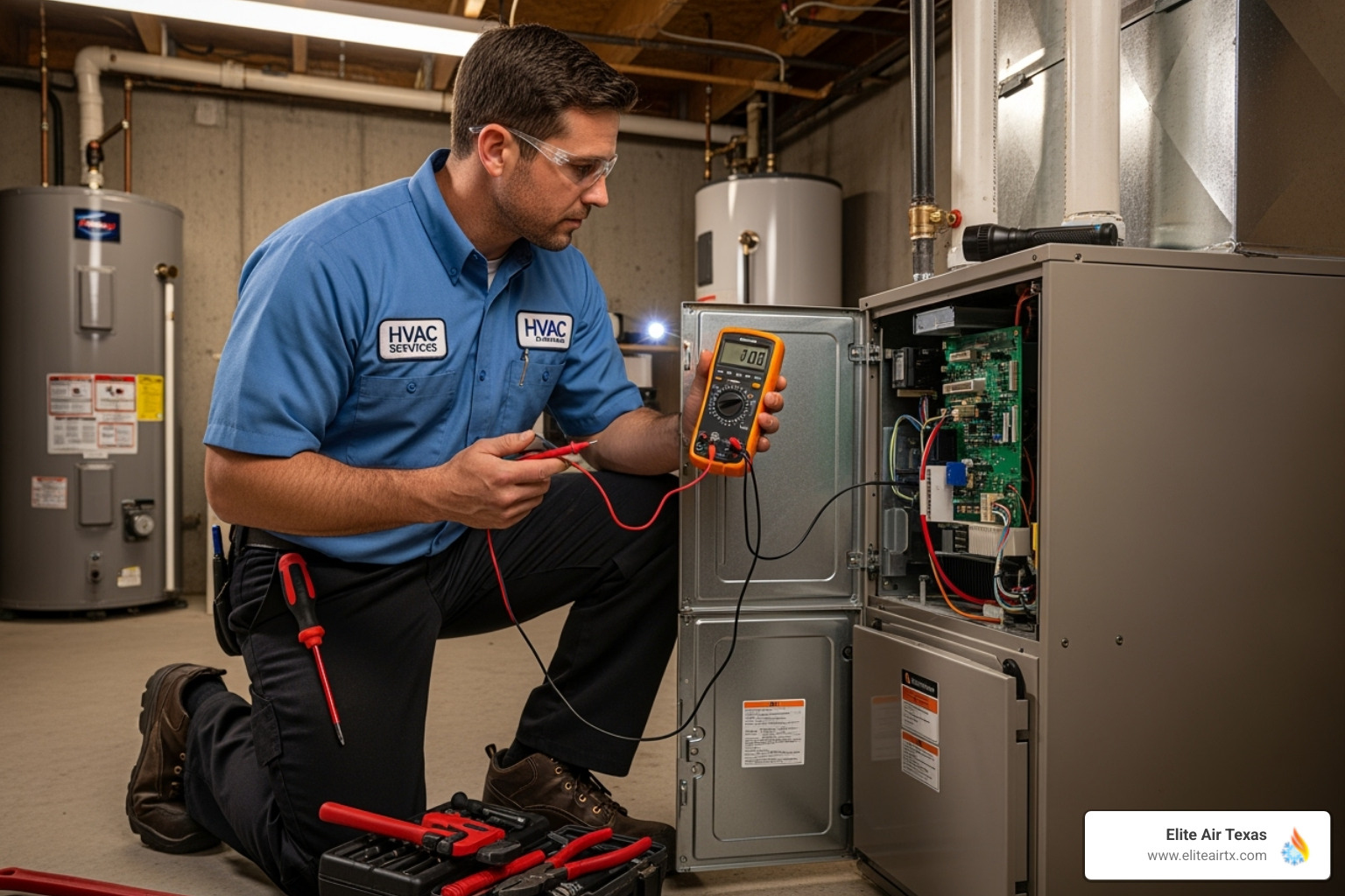 technician inspecting furnace unit - Heating system check
