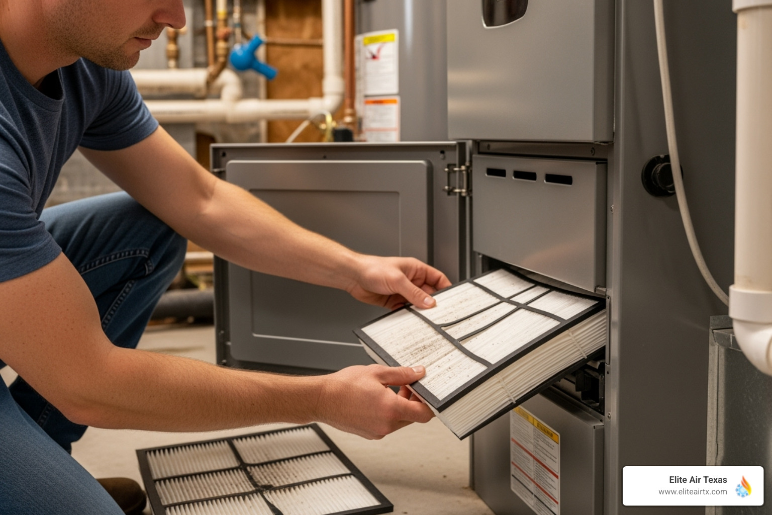 homeowner replacing furnace air filter - Heating system check