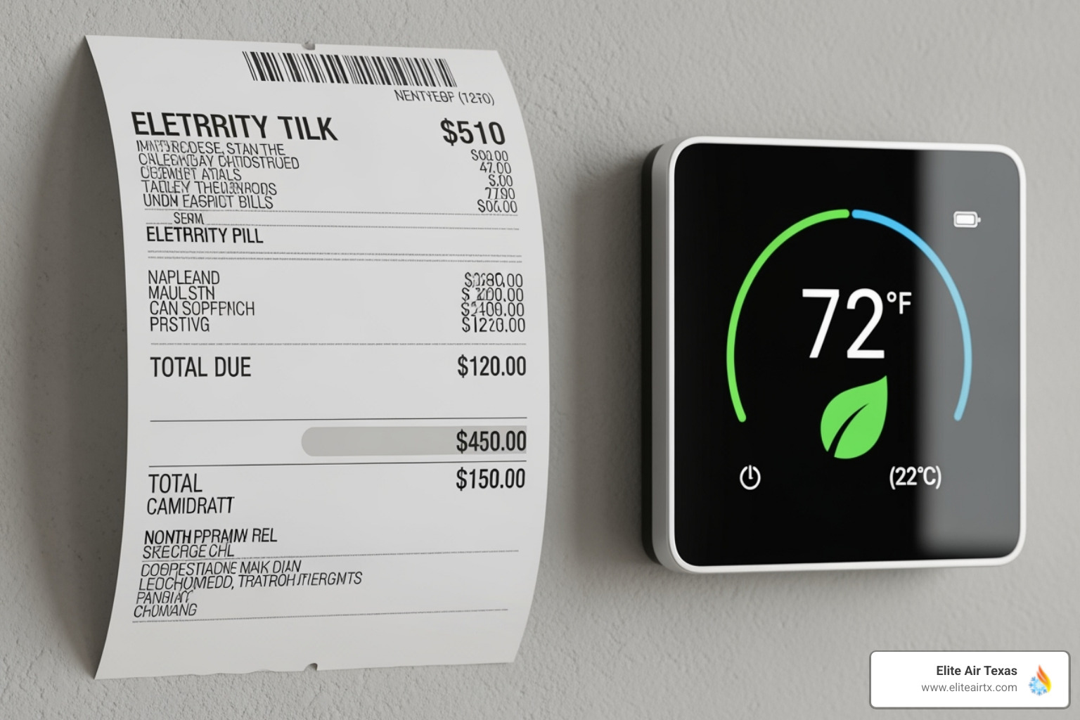 A lower electricity bill next to an AC thermostat, symbolizing energy savings - ac maintenance fort worth