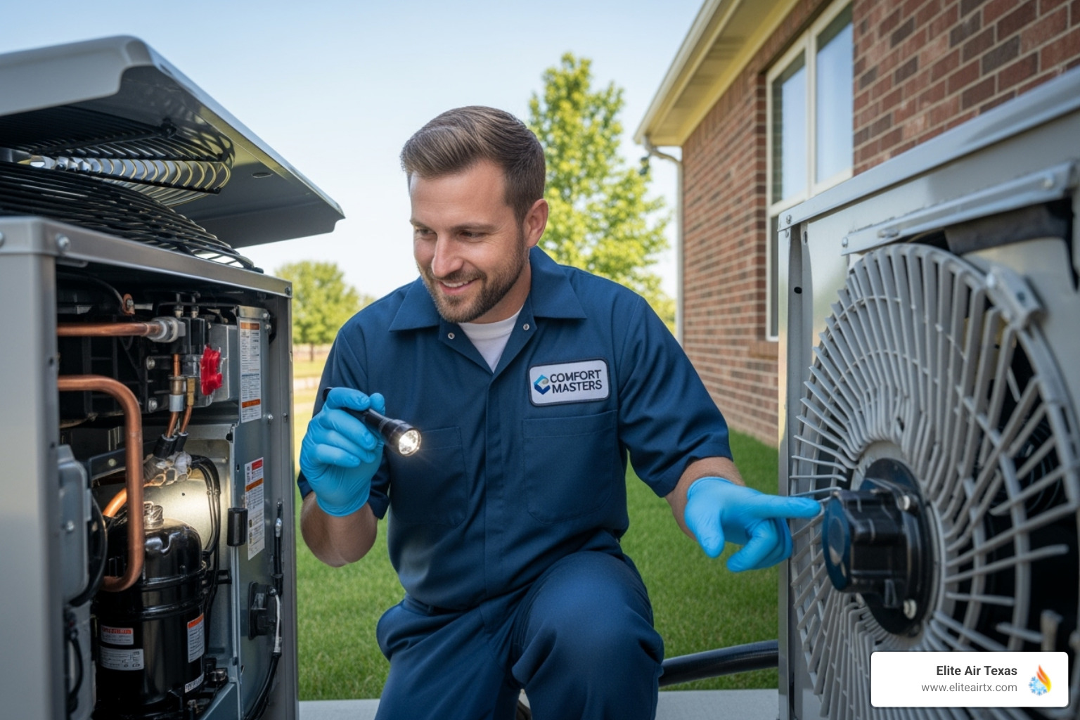 A friendly technician inspecting an outdoor AC unit, wearing gloves and looking at components - ac maintenance fort worth
