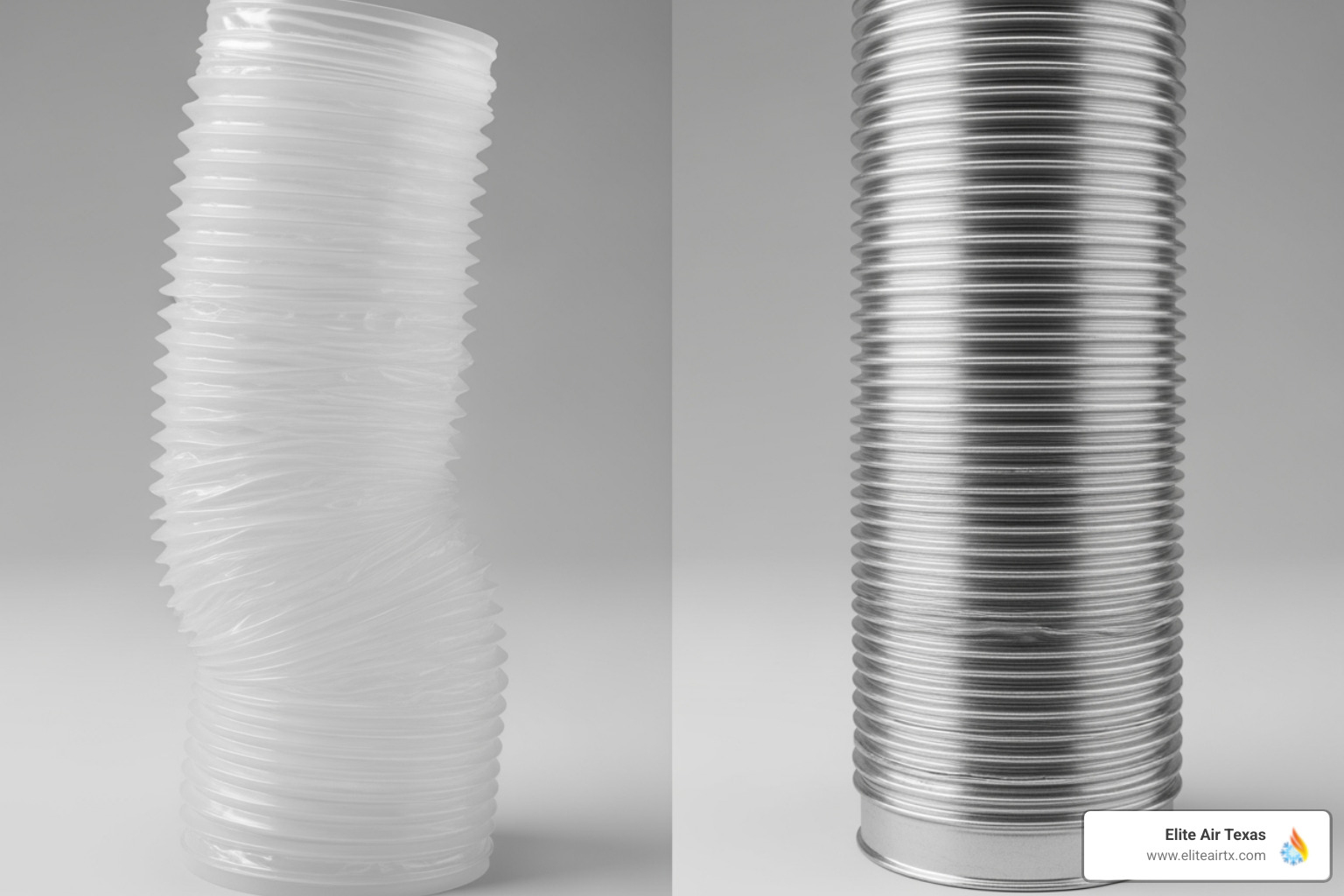 Image showing the difference between a flimsy foil vent and a proper semi-rigid metal vent. - who installs dryer vents near me