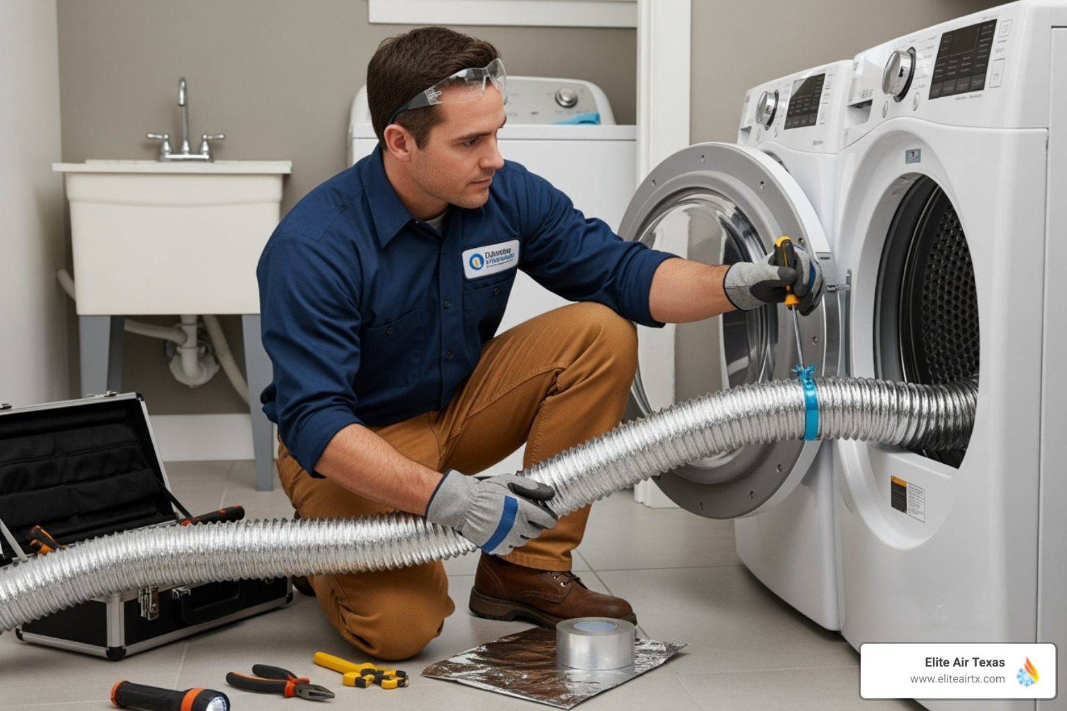Image of a professional technician inspecting a dryer vent connection. - who installs dryer vents near me