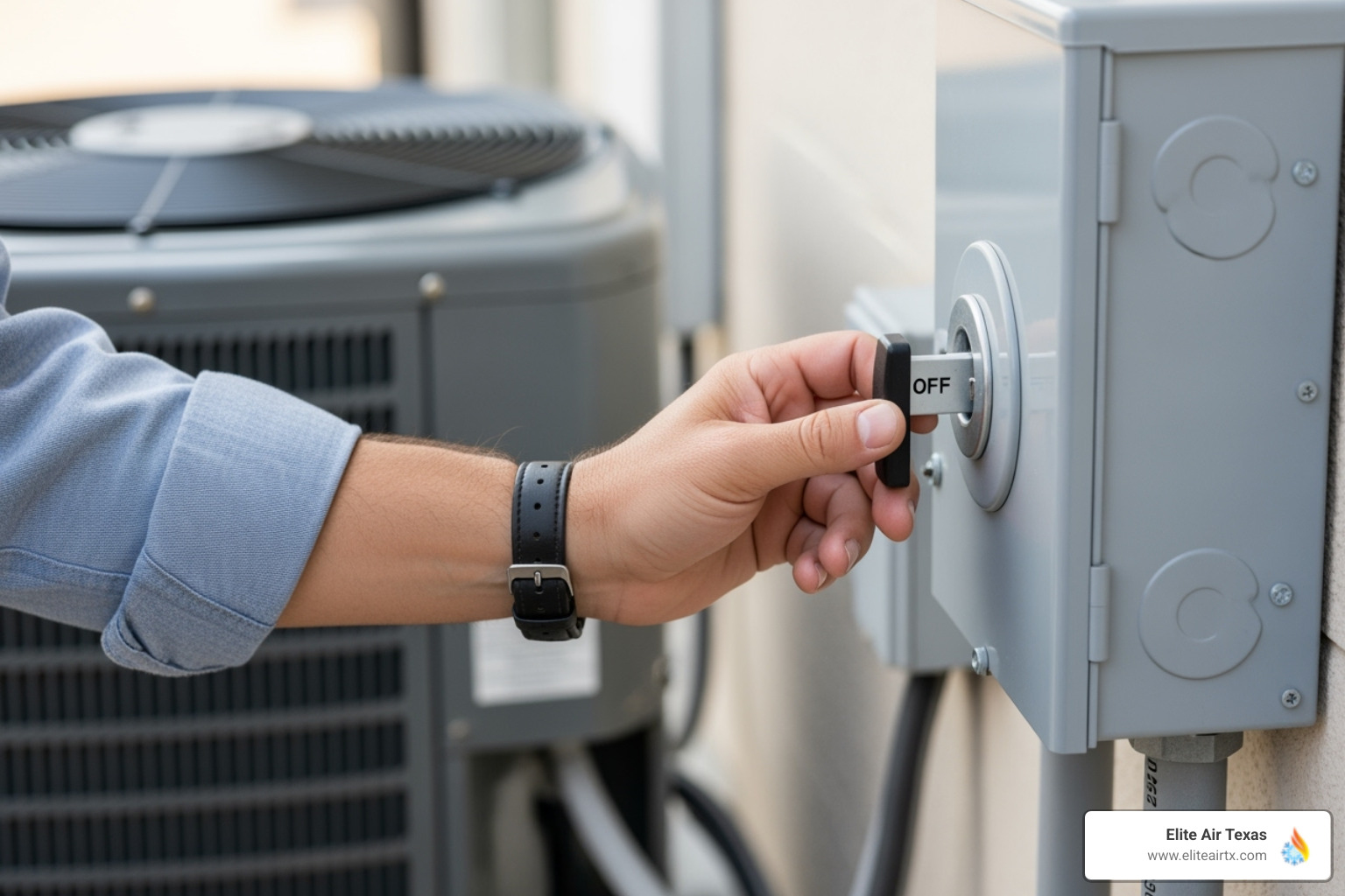 of a homeowner safely turning off the power switch to their HVAC unit - 24 hour ac of a homeowner safely turning off the power switch to their HVAC unit - 24 hour ac