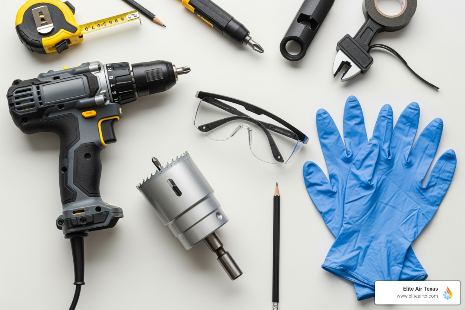 Essential tools for UV light installation laid out, including a drill, hole saw, safety glasses, and gloves - UV light installation Essential tools for UV light installation laid out, including a drill, hole saw, safety glasses, and gloves - UV light installation