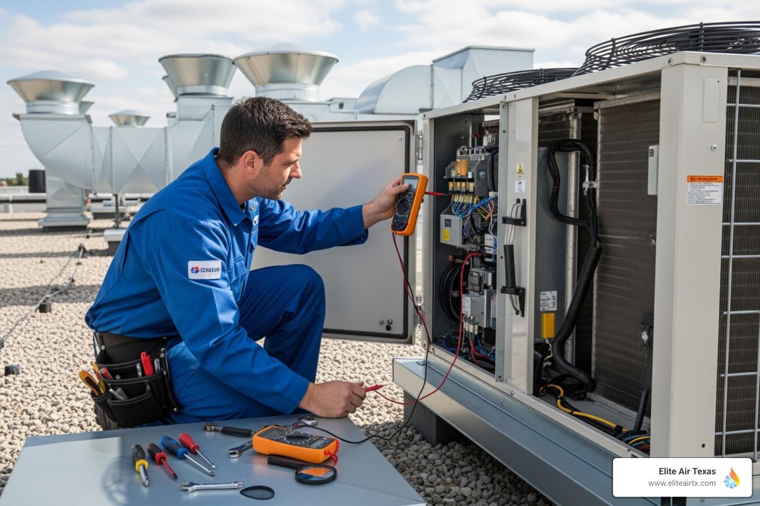 Technician performing a seasonal tune-up - commercial hvac preventative maintenance in dallas tx Technician performing a seasonal tune-up - commercial hvac preventative maintenance in dallas tx
