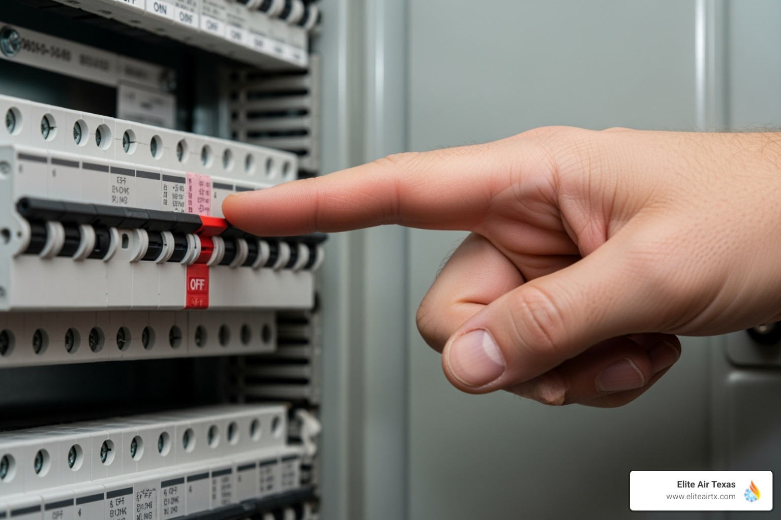 a home electrical panel with a hand pointing to a tripped breaker - air conditioner fixing