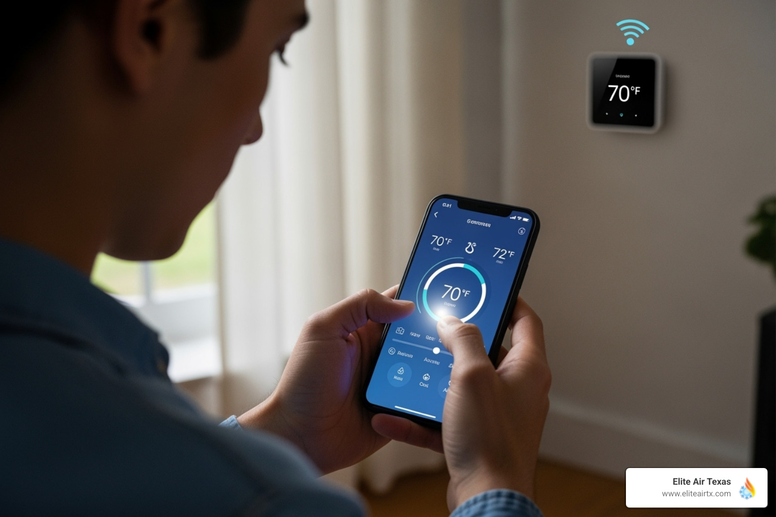 person adjusting smart thermostat on phone - heating ac company