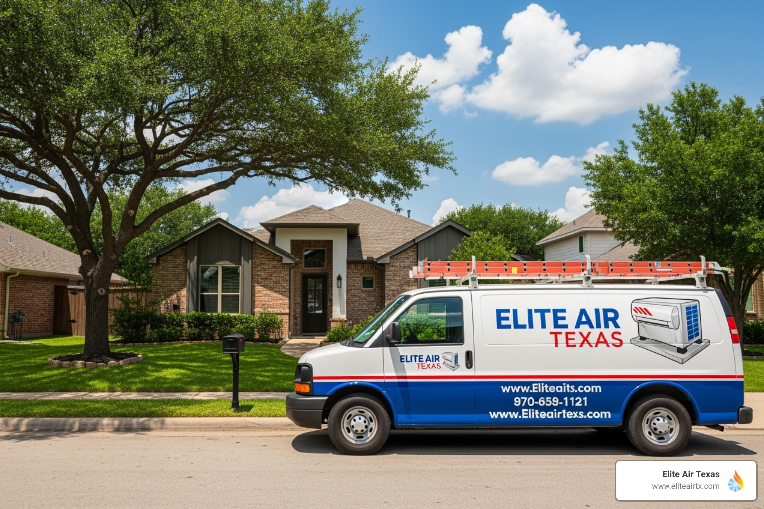 clearly marked Elite Air Texas service van arriving at a Dallas home - emergency air conditioner repair dallas