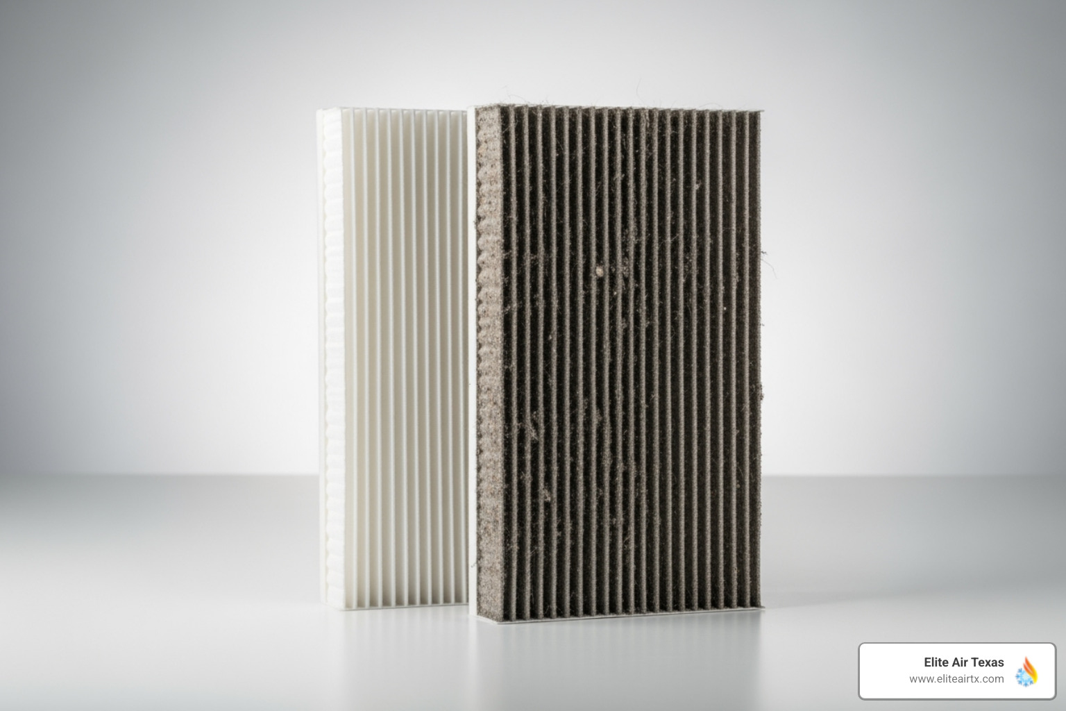 A graphic showing a clean furnace filter next to a dirty, clogged one, highlighting the importance of regular filter changes - furnace repair company A graphic showing a clean furnace filter next to a dirty, clogged one, highlighting the importance of regular filter changes - furnace repair company