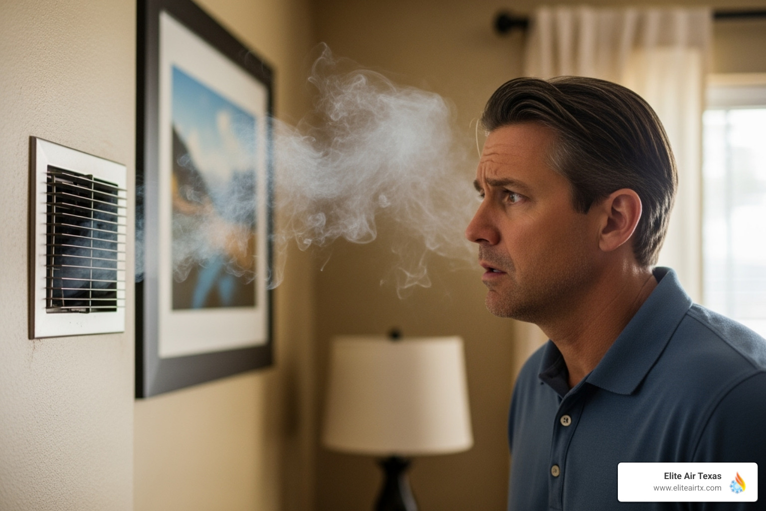 homeowner looking concerned at a smoking air vent - hvac emergency repair near me