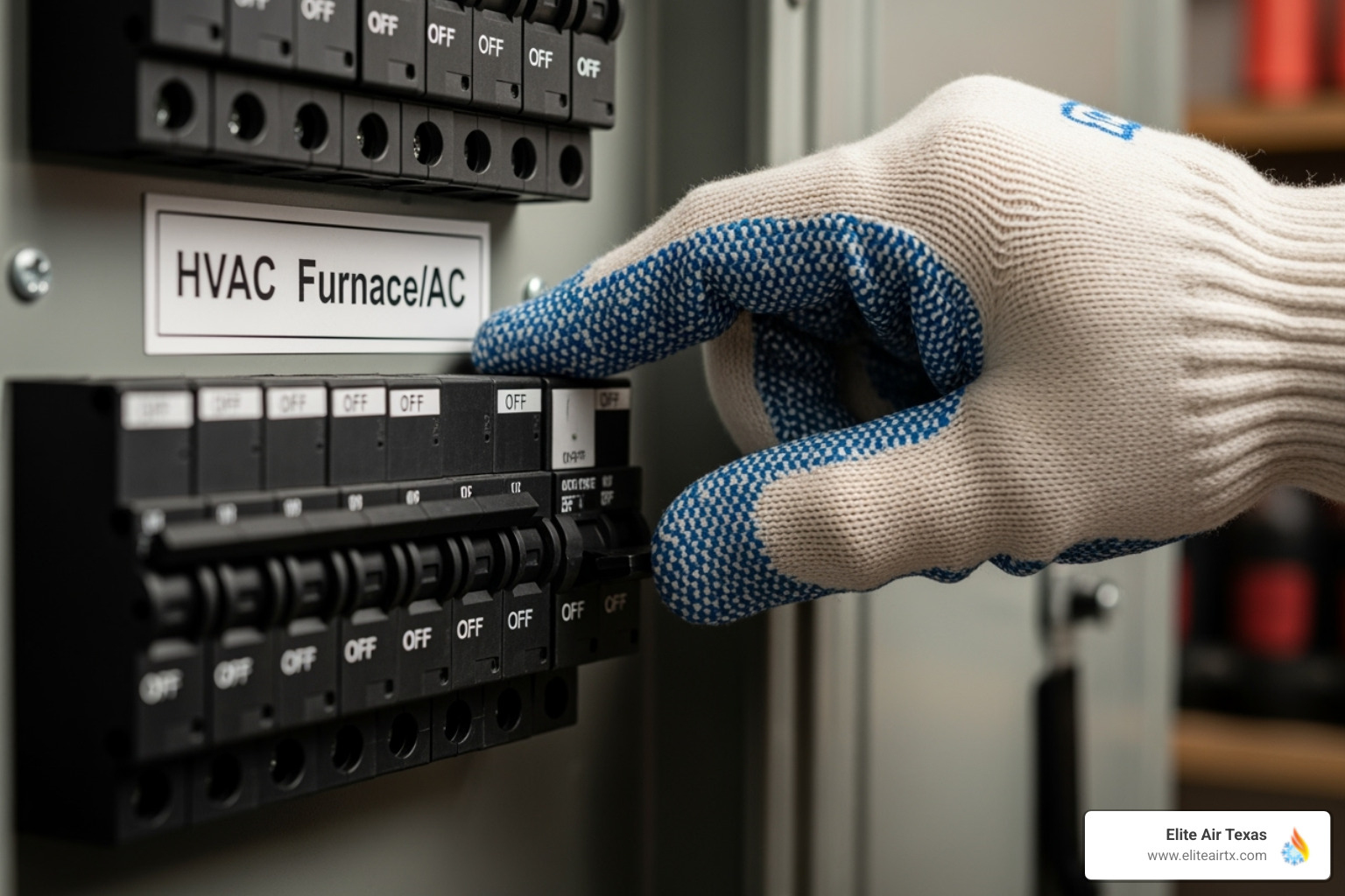 person safely turning off a circuit breaker labeled "HVAC" - hvac emergency repair near me person safely turning off a circuit breaker labeled "HVAC" - hvac emergency repair near me
