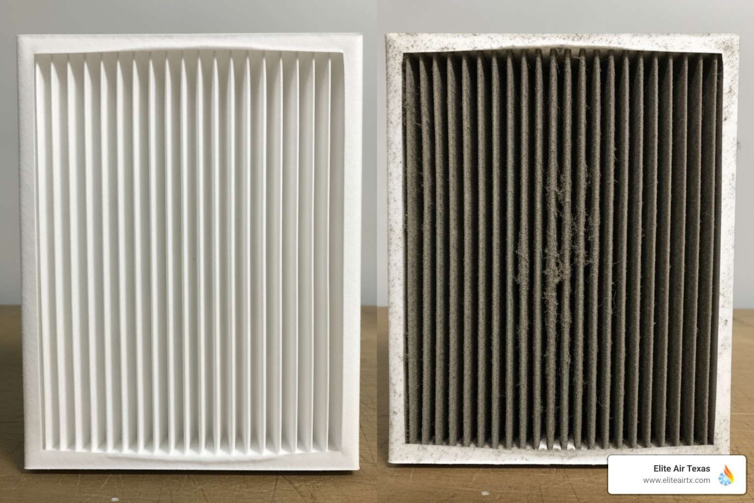 dirty, clogged furnace air filter next to a clean one - 24 hour furnace repair frisco tx