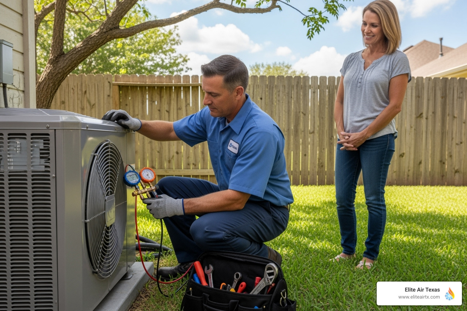 technician performing HVAC check-up with a satisfied homeowner - hvac maintenance mckinney tx