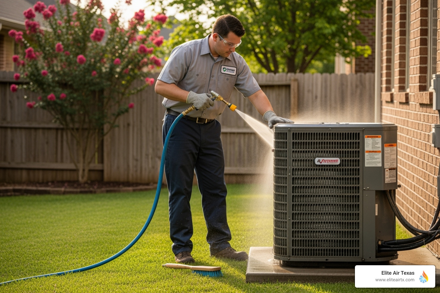 technician cleaning outdoor AC unit - hvac maintenance mckinney tx