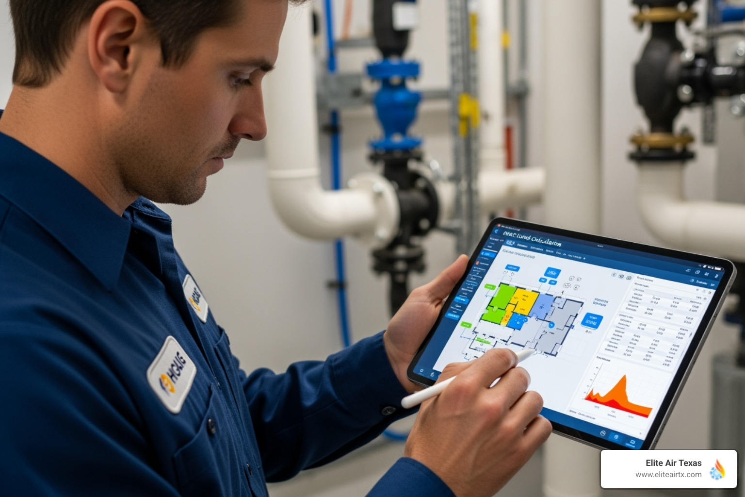 a technician performing a load calculation on a tablet - air conditioner installation frisco tx