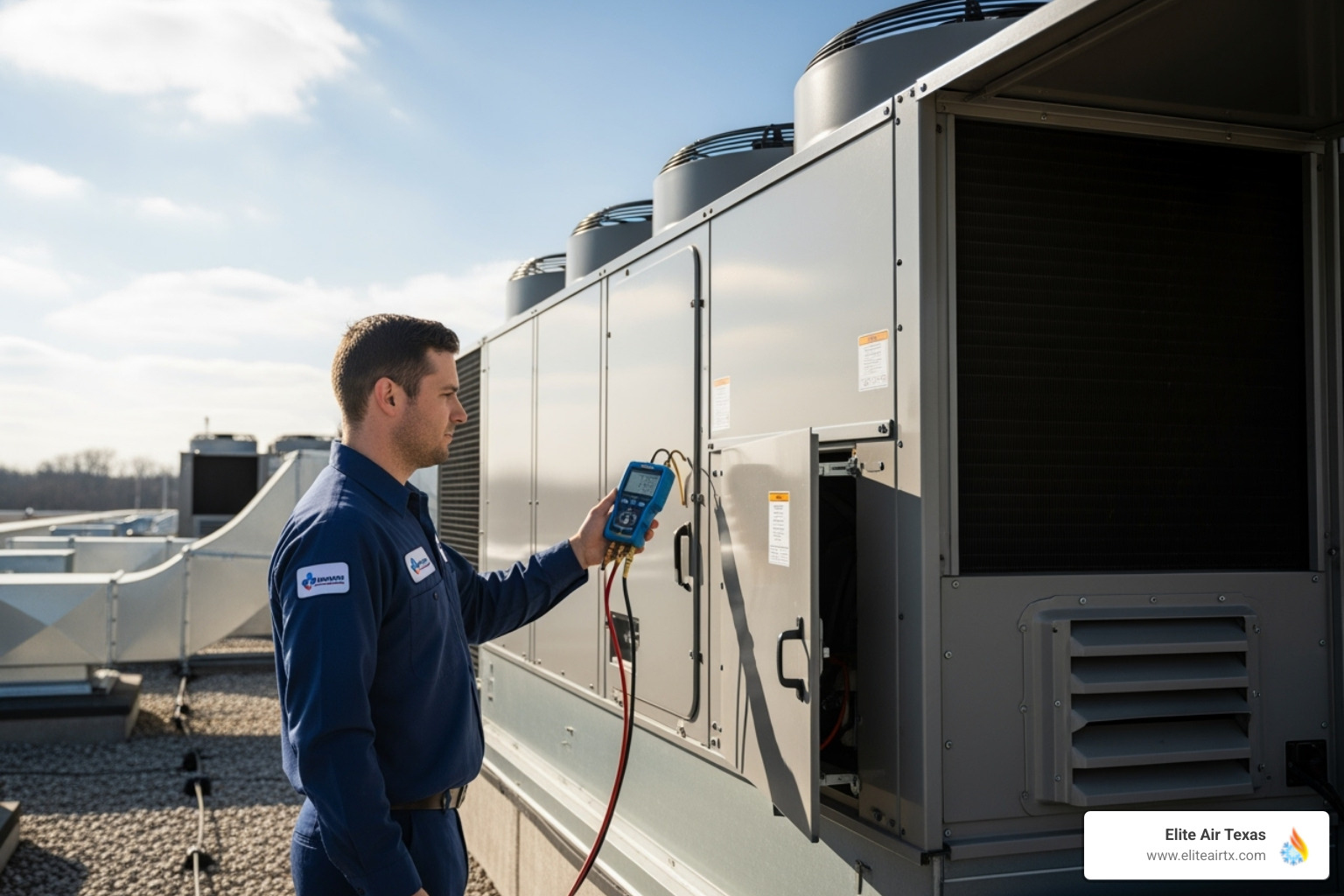 technician diagnosing a commercial HVAC system - commercial ac repair plano tx