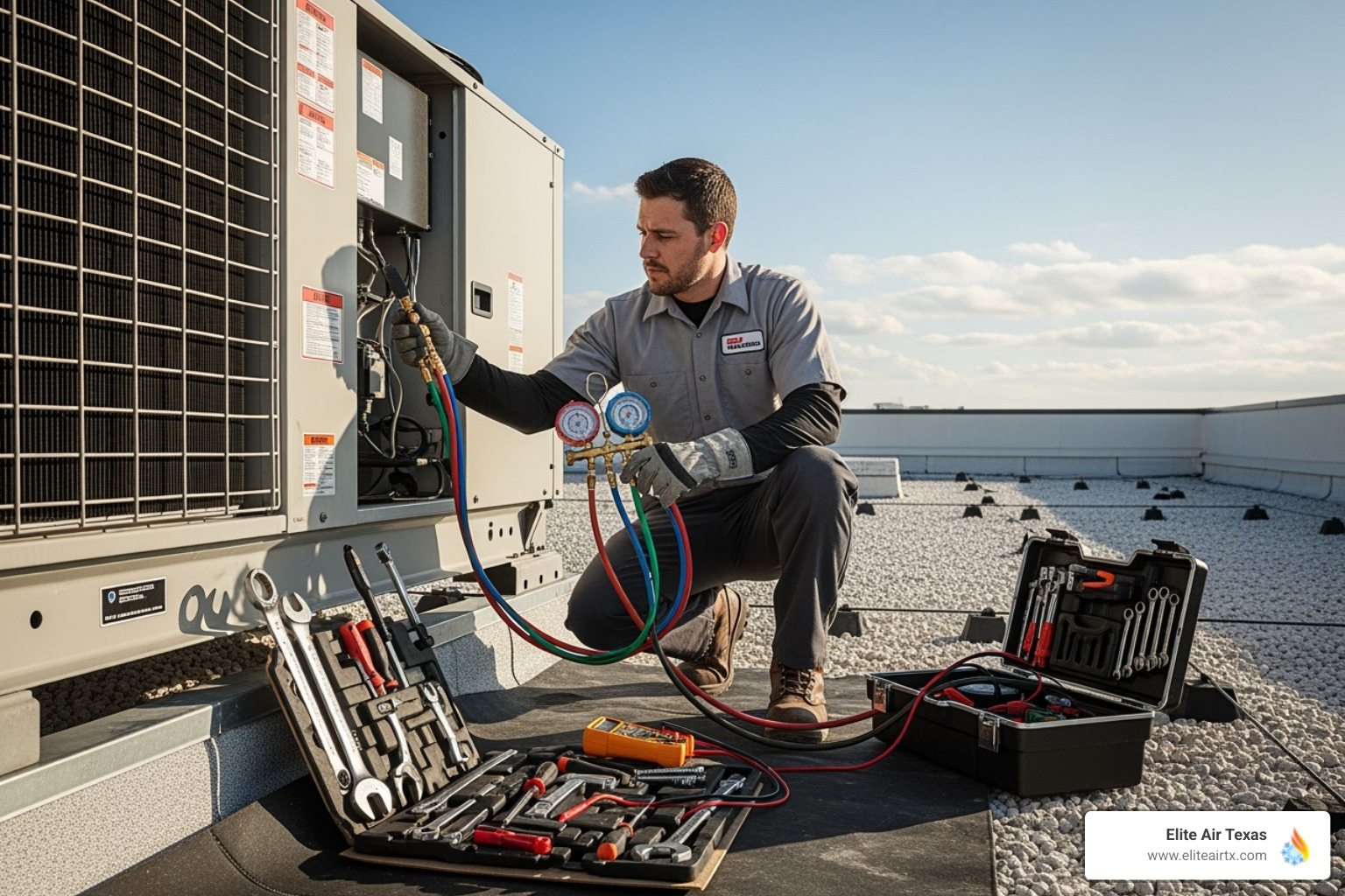 technician working on a commercial AC unit - commercial ac repair plano tx