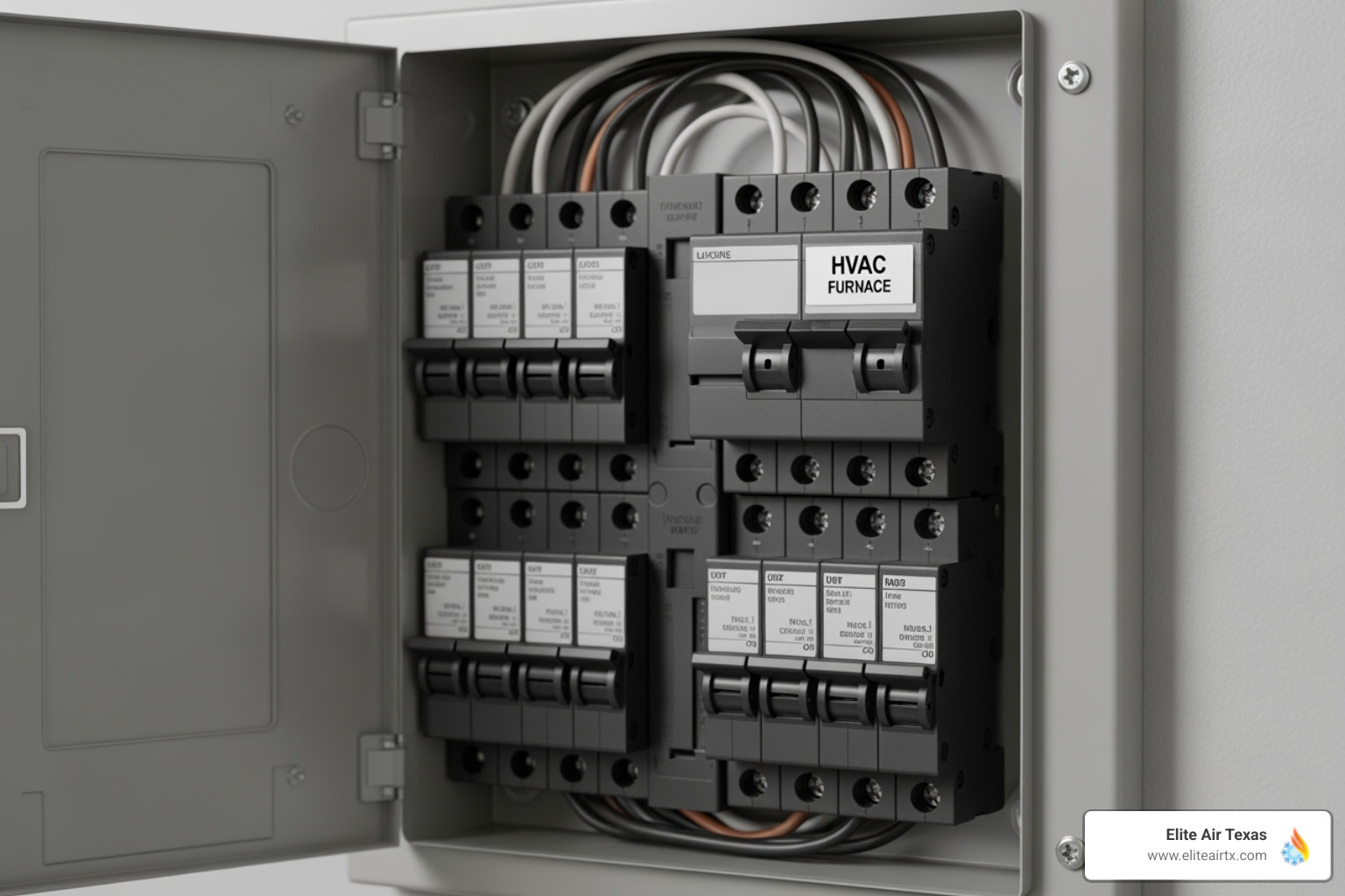 Breaker box with the HVAC switch clearly marked and turned off - Smart thermostat installation Breaker box with the HVAC switch clearly marked and turned off - Smart thermostat installation