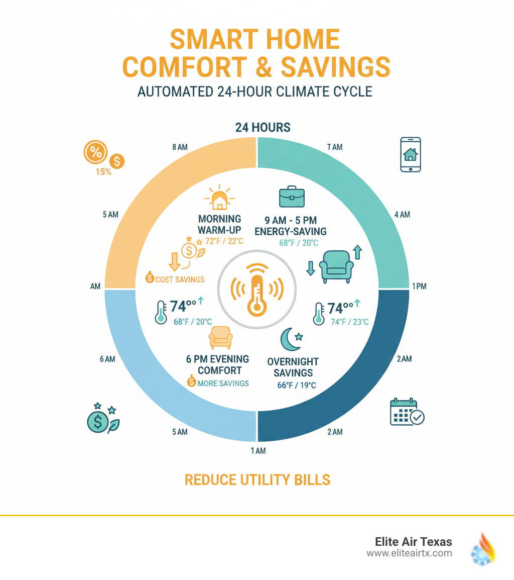 Infographic showing a 24-hour cycle with a smart thermostat automatically adjusting temperatures: morning warm-up at 6 AM, energy-saving mode during work hours 9 AM-5 PM, comfortable evening temperature at 6 PM, and overnight energy savings. Icons show a house, clock, temperature readings, and dollar signs representing cost savings throughout the day. - Smart thermostat installation infographic  Infographic showing a 24-hour cycle with a smart thermostat automatically adjusting temperatures: morning warm-up at 6 AM, energy-saving mode during work hours 9 AM-5 PM, comfortable evening temperature at 6 PM, and overnight energy savings. Icons show a house, clock, temperature readings, and dollar signs representing cost savings throughout the day. - Smart thermostat installation infographic