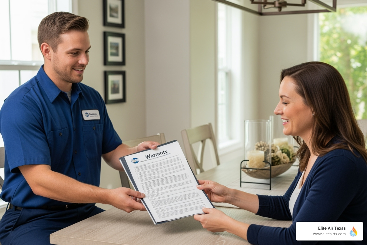 technician handing warranty document to homeowner - ac repair fort worth 1 year guarantee technician handing warranty document to homeowner - ac repair fort worth 1 year guarantee
