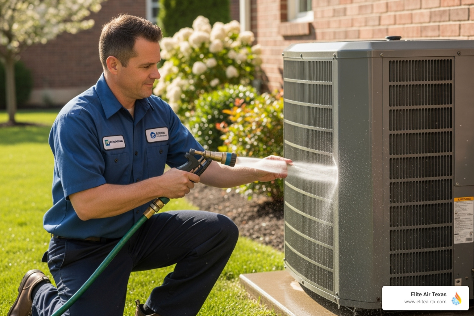 HVAC technician cleaning an outdoor condenser coil with a hose - HVAC preventative maintenance HVAC technician cleaning an outdoor condenser coil with a hose - HVAC preventative maintenance