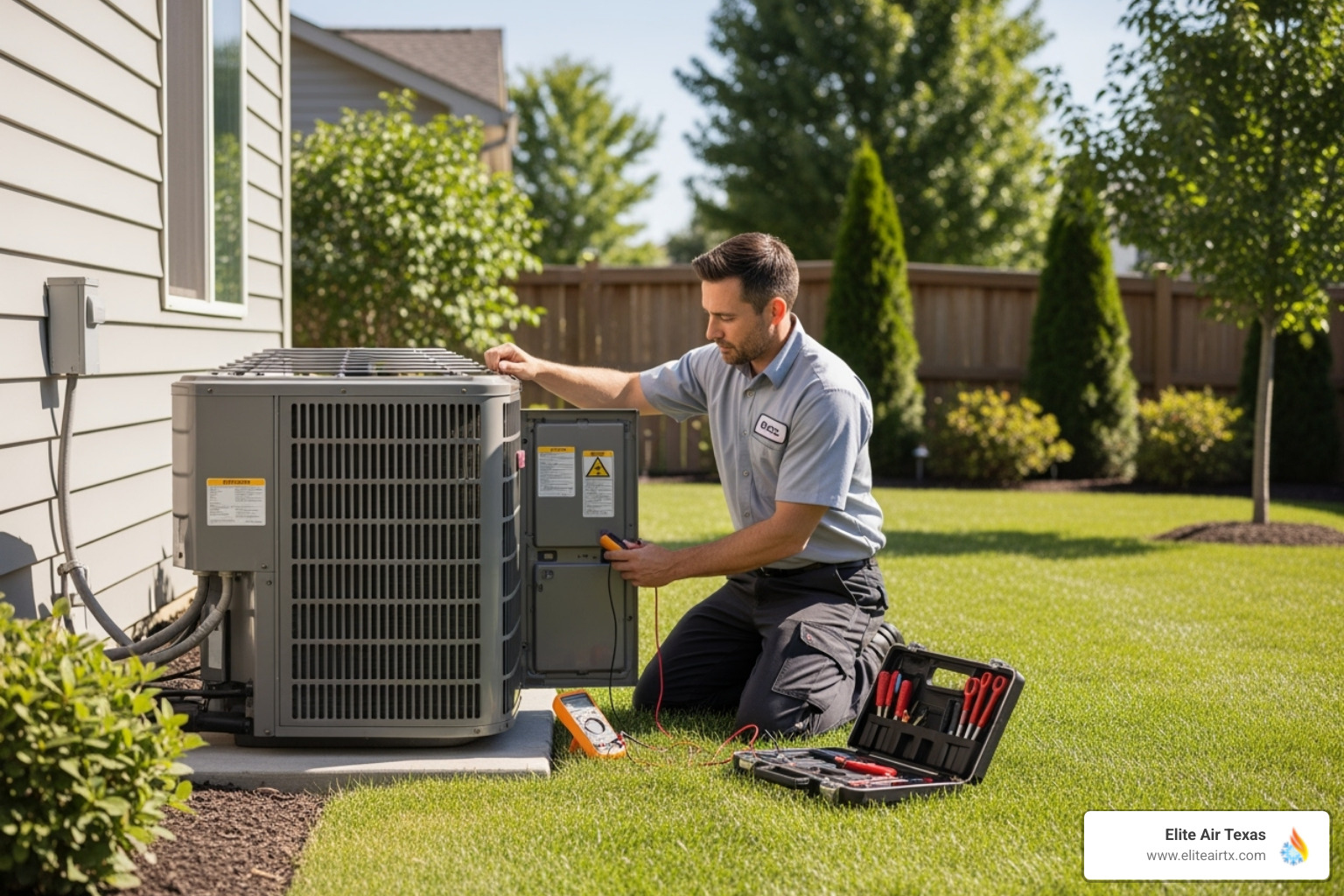 HVAC technician performing a scheduled check-up on a residential outdoor unit - HVAC preventative maintenance HVAC technician performing a scheduled check-up on a residential outdoor unit - HVAC preventative maintenance