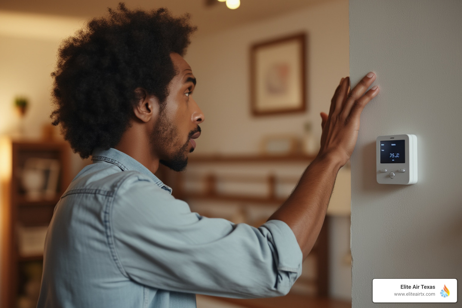 homeowner looking at their thermostat with a concerned expression - ac and heating tune up prosper