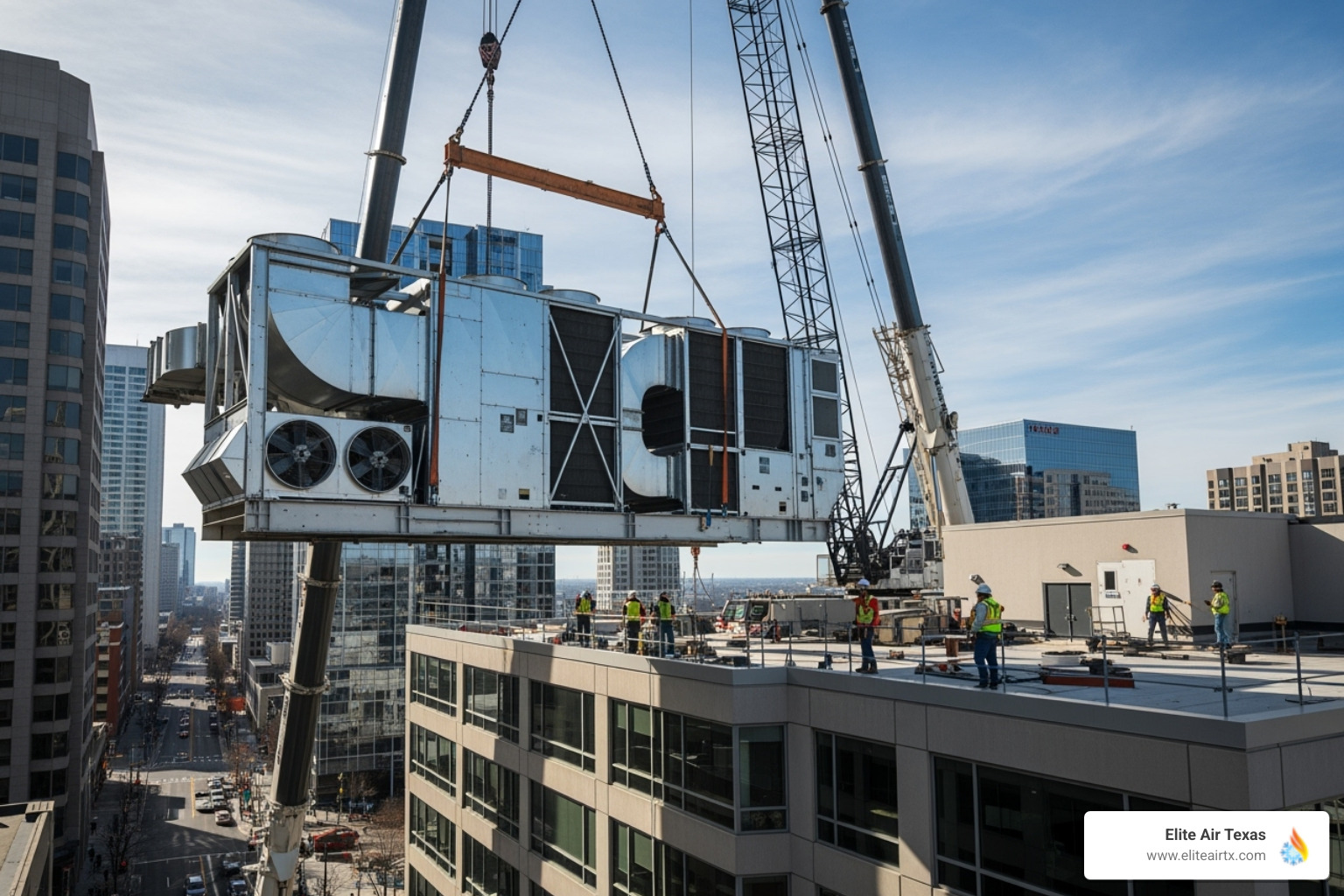 Large commercial rooftop HVAC unit being installed with cranes - commercial hvac installation mckinney