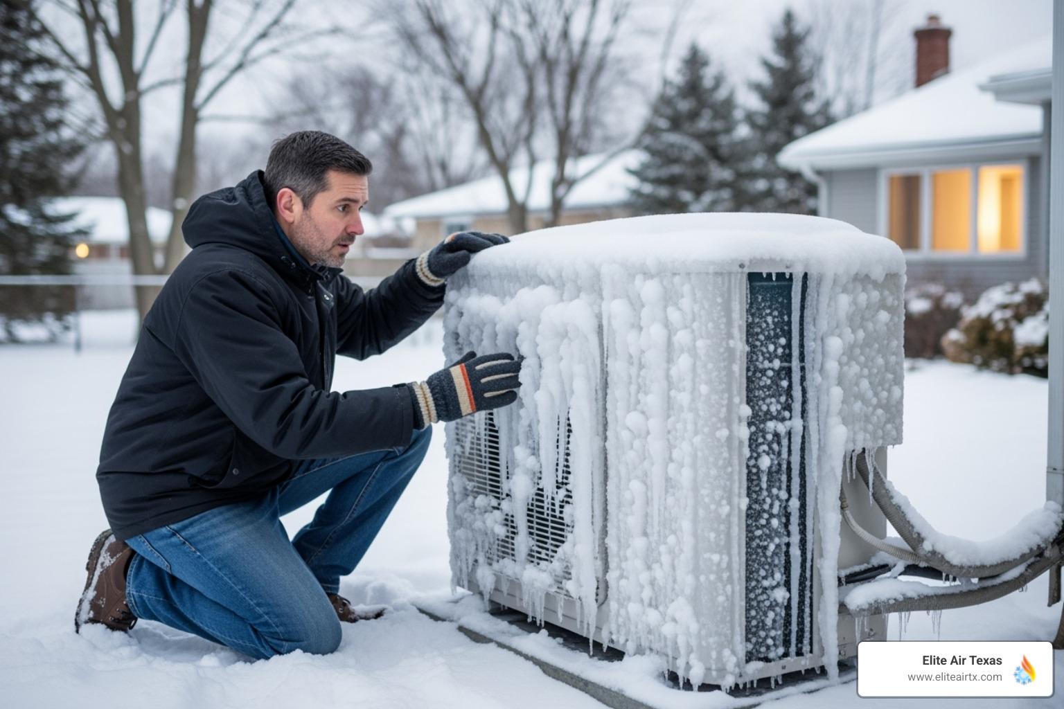A homeowner looking concerned at their outdoor heat pump unit, which has ice on the coils. - residential heat pump repair mckinney A homeowner looking concerned at their outdoor heat pump unit, which has ice on the coils. - residential heat pump repair mckinney