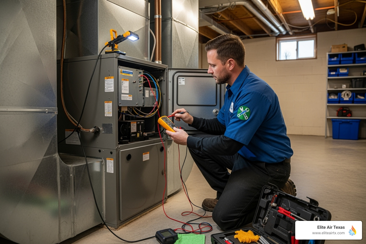 A technician performing a maintenance check on an indoor air handler unit. - residential heat pump repair mckinney A technician performing a maintenance check on an indoor air handler unit. - residential heat pump repair mckinney