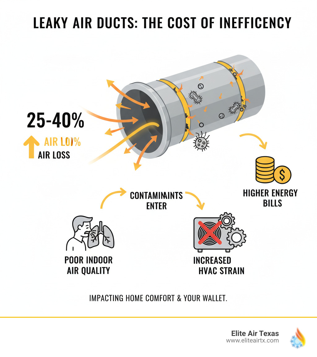 infographic showing how leaky ducts cause 25-40% air loss leading to higher energy bills, with arrows demonstrating air escaping through cracks and gaps, plus icons showing dust and contaminants entering the system, resulting in poor indoor air quality and increased HVAC strain - air duct replacement allen tx infographic 