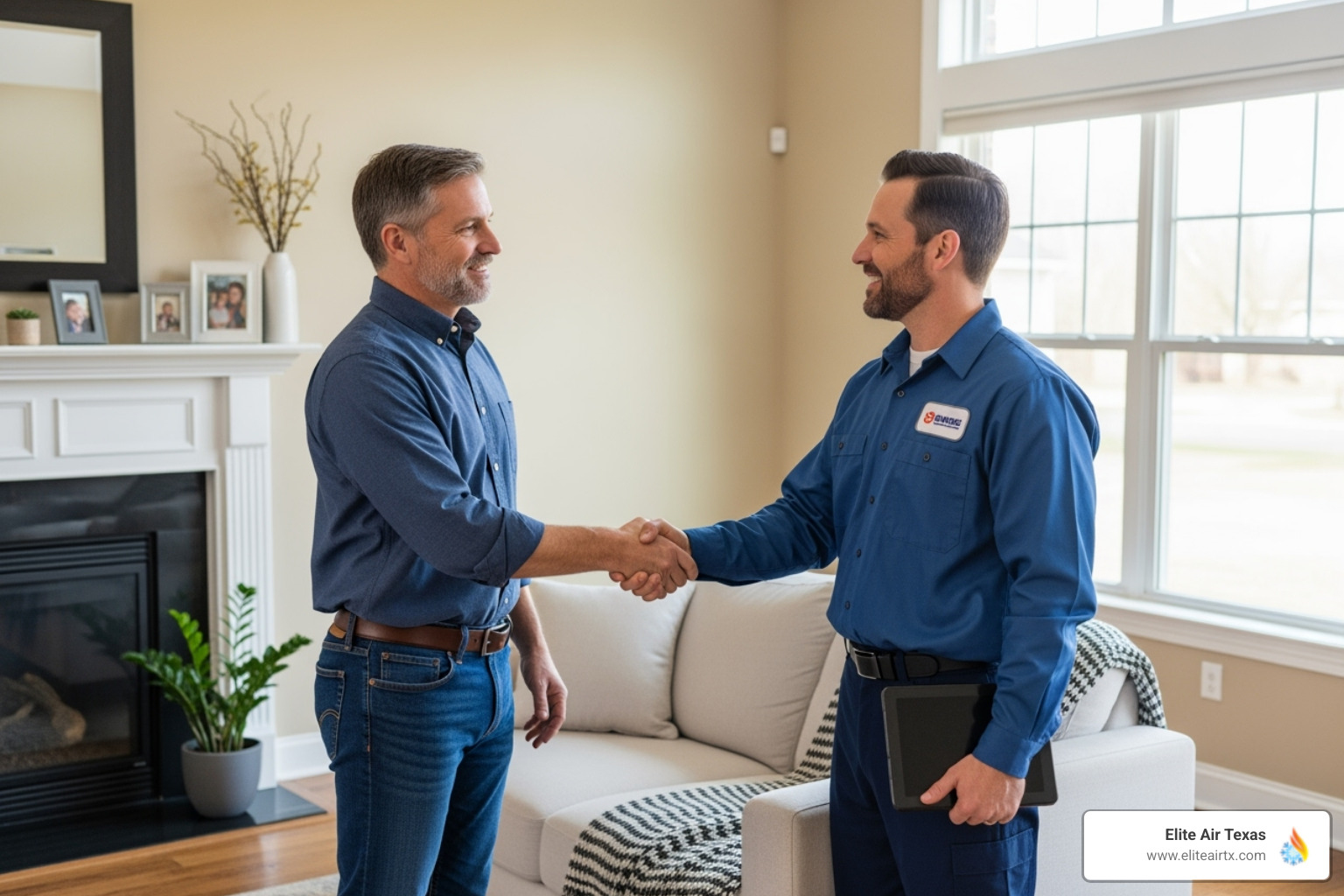 Homeowner shaking hands with a uniformed HVAC technician - heating and cooling repair