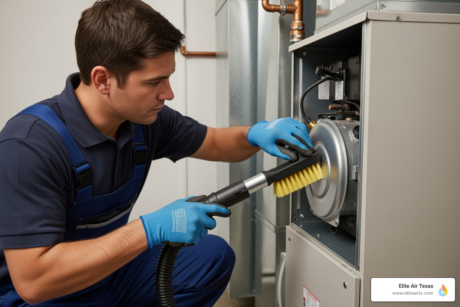 Technician cleaning a furnace component - heating maintenance prosper