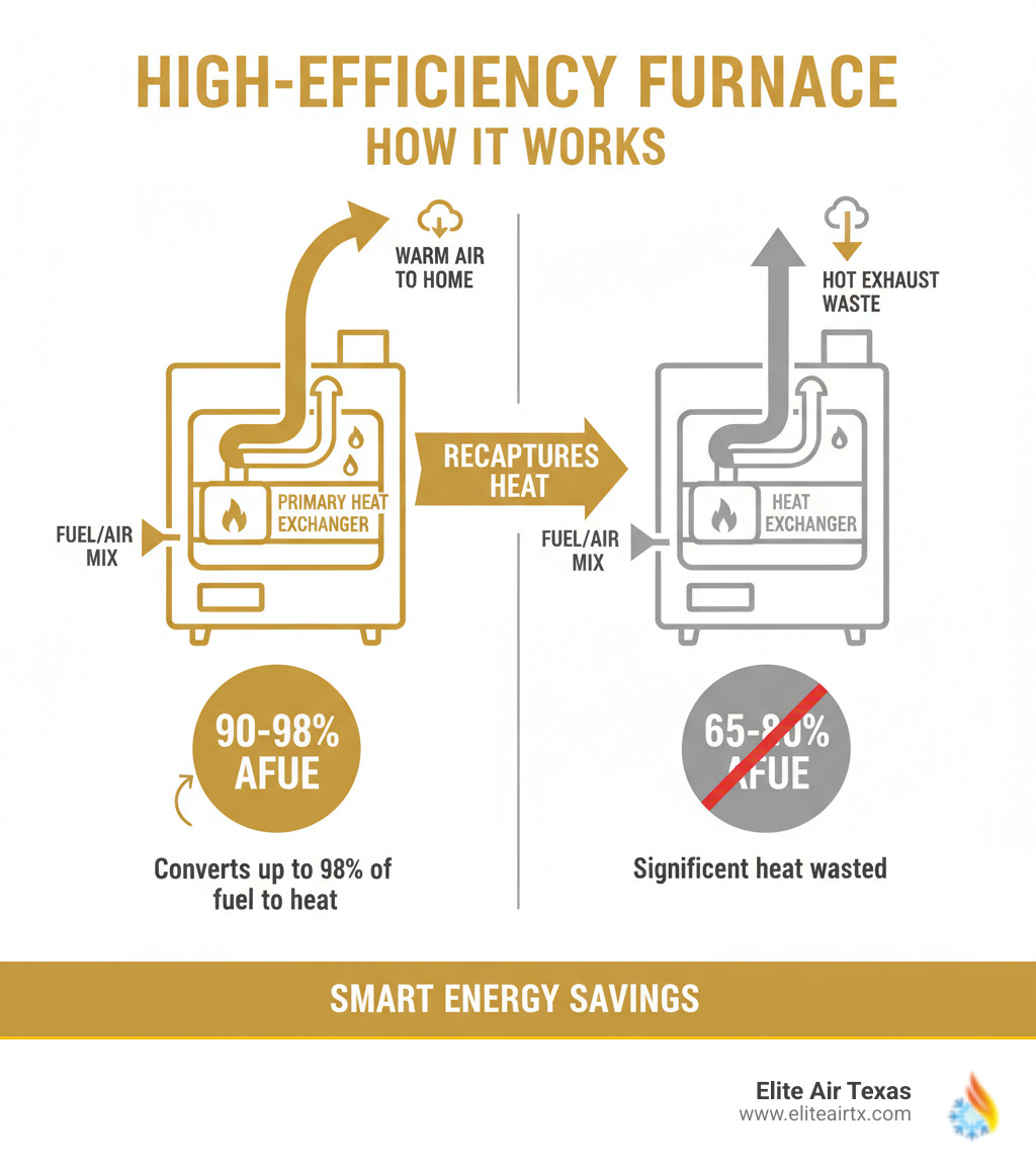 infographic showing how a high-efficiency furnace captures and reuses exhaust heat through a secondary heat exchanger, with arrows indicating heat flow and highlighting the 90-98% AFUE rating versus 65-80% for standard models - high efficiency furnace mckinney tx infographic 