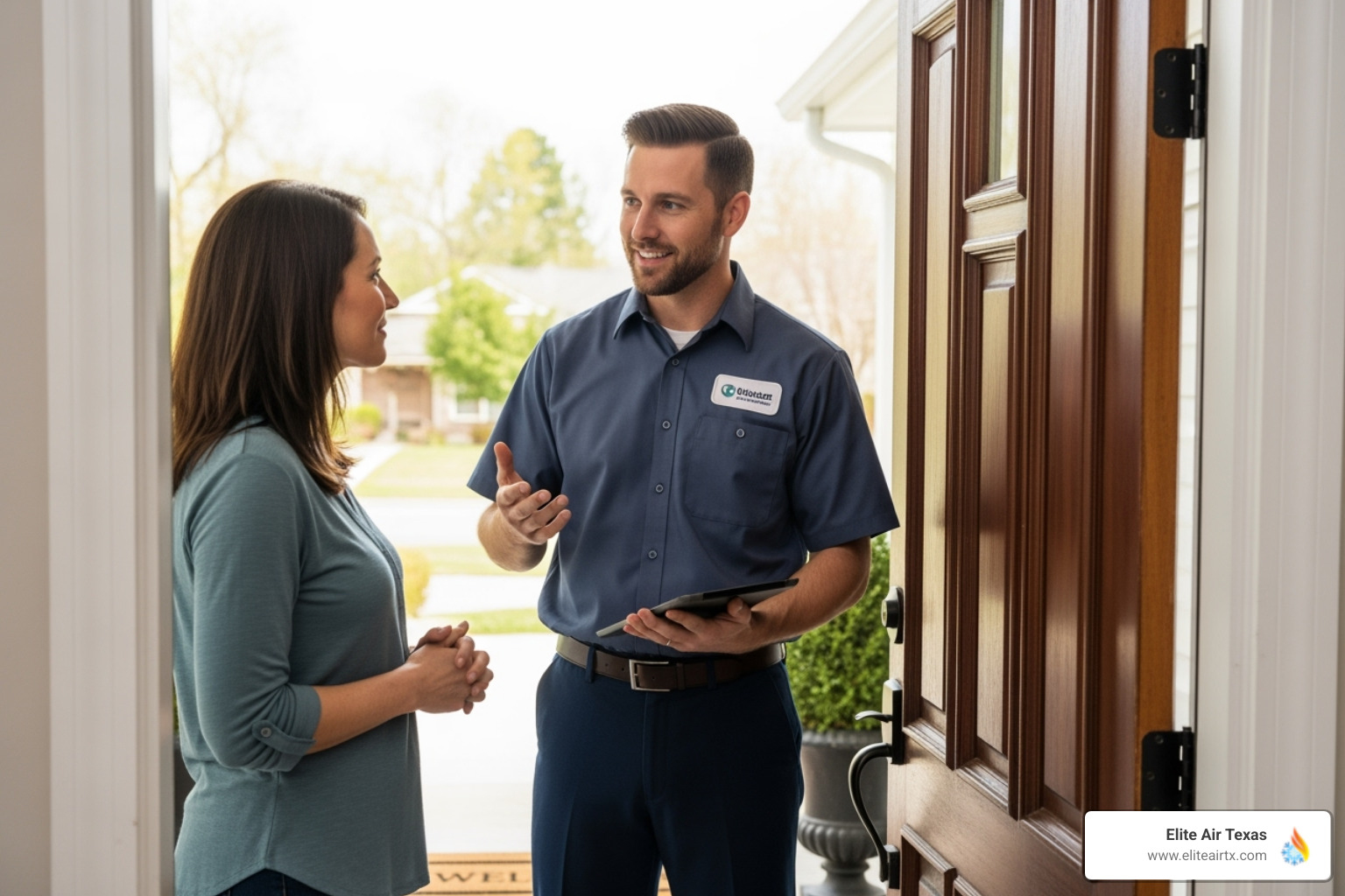 a friendly, professional HVAC technician in uniform talking with a homeowner at their front door - local hvac repair