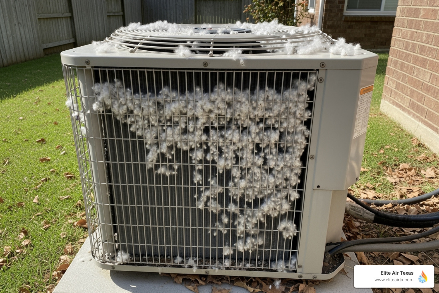 outdoor AC unit covered in cottonwood seeds or dust - hvac checkup allen tx