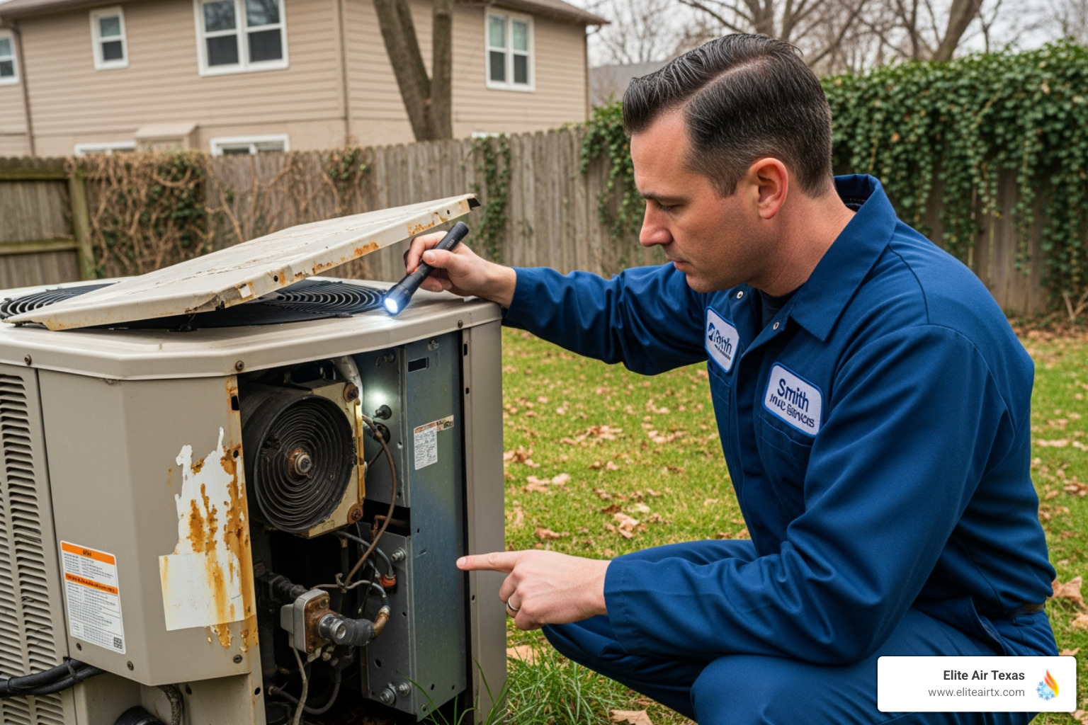 technician inspecting an older HVAC unit - "I'm looking for a reliable company that does both heating and cooling repair in Benbrook."
