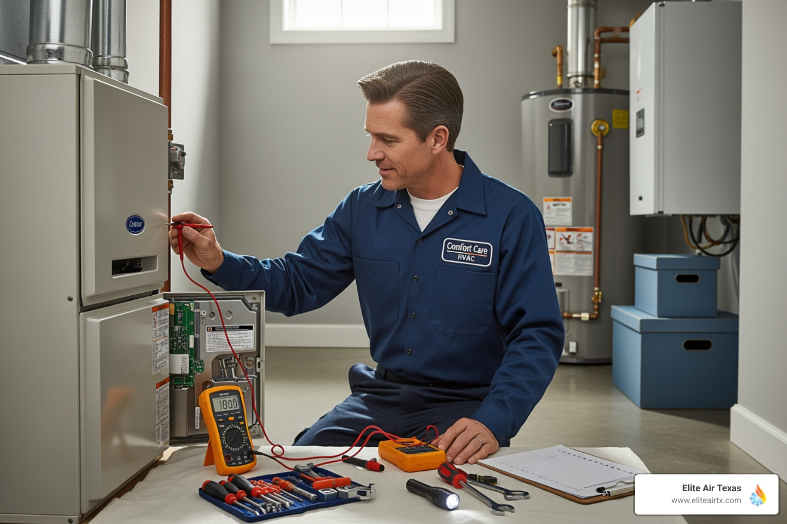 technician performing a tune-up on a furnace - "I'm looking for a reliable company that does both heating and cooling repair in Benbrook."